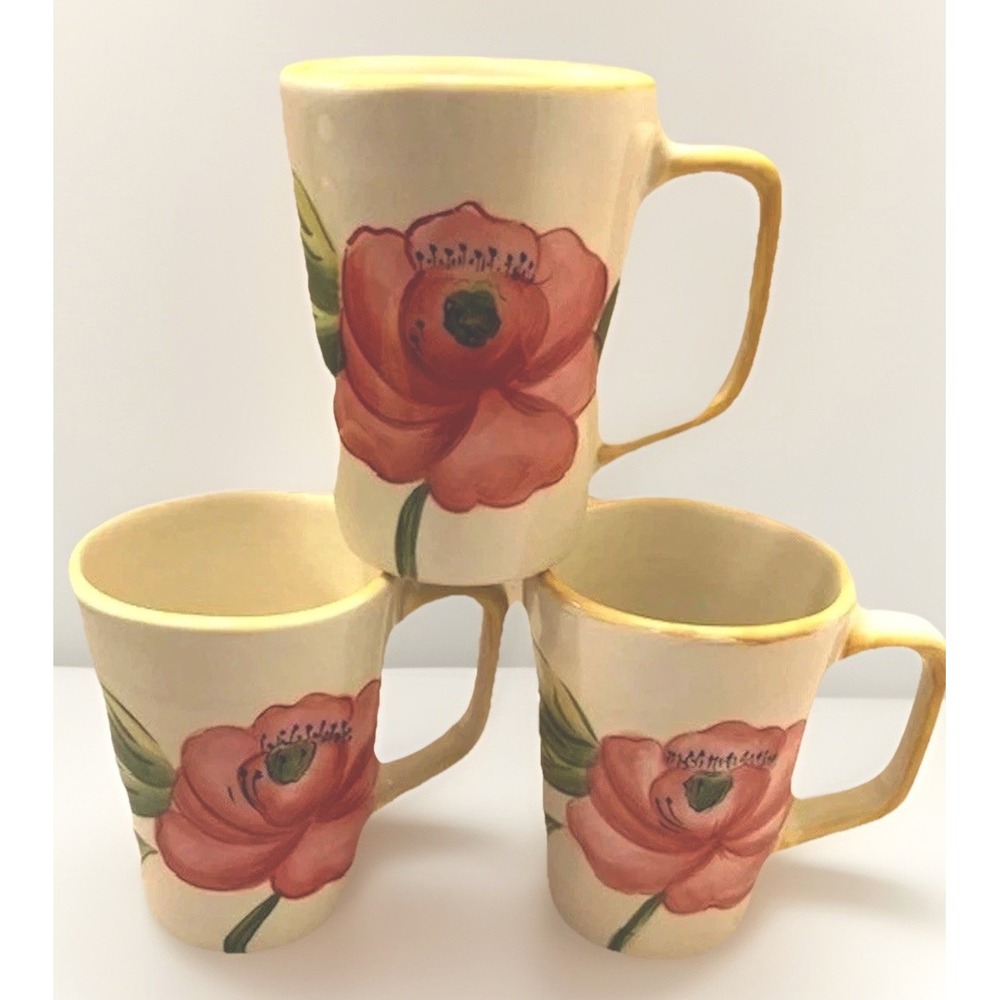 VTG Tabletops Morning Blossom Floral Coffee Mugs 3 PC 2 Sided Boho Floral Yellow